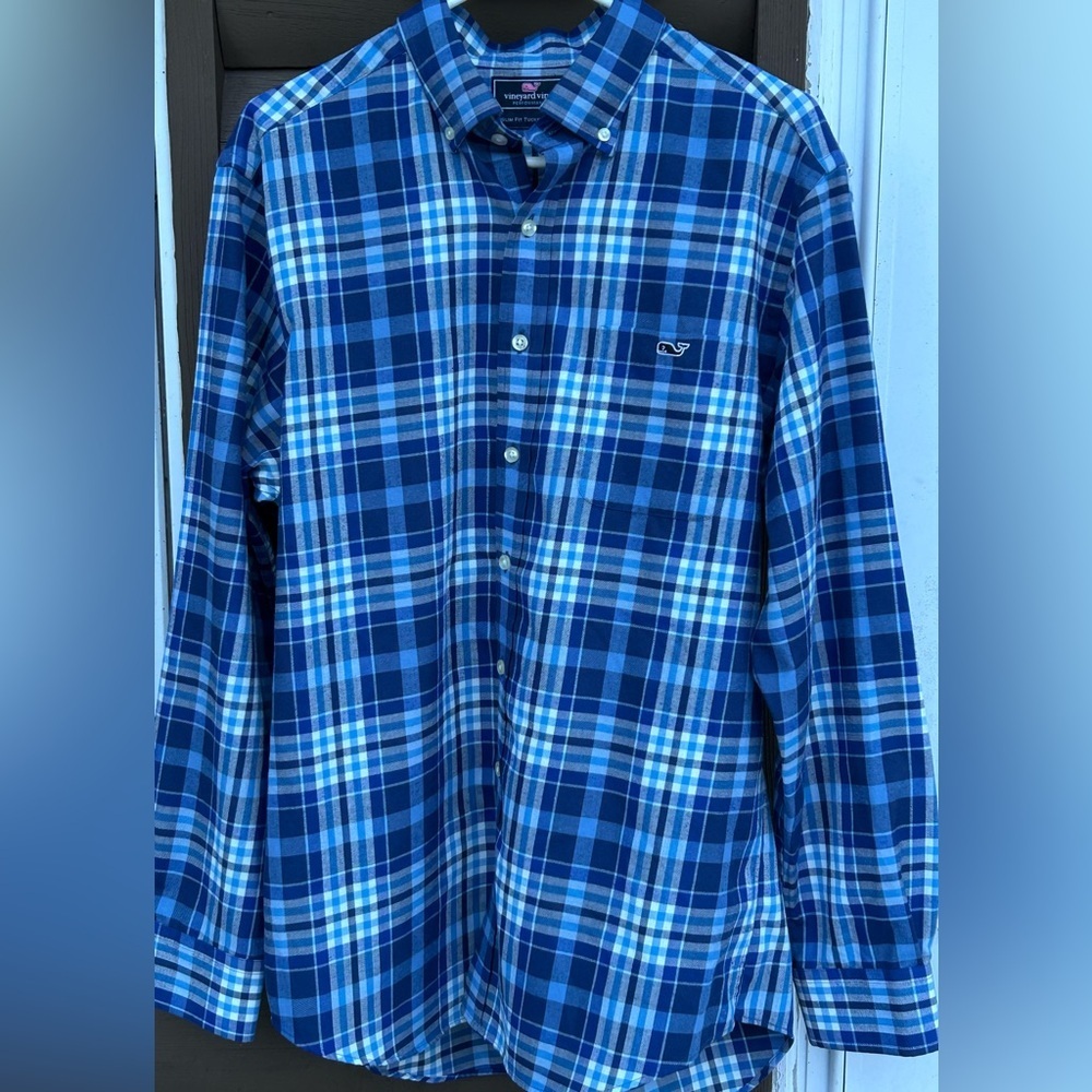 Vineyard Vines Men’s Button-Down Shirt L | Blue Plaid Whale Logo Preppy Classic